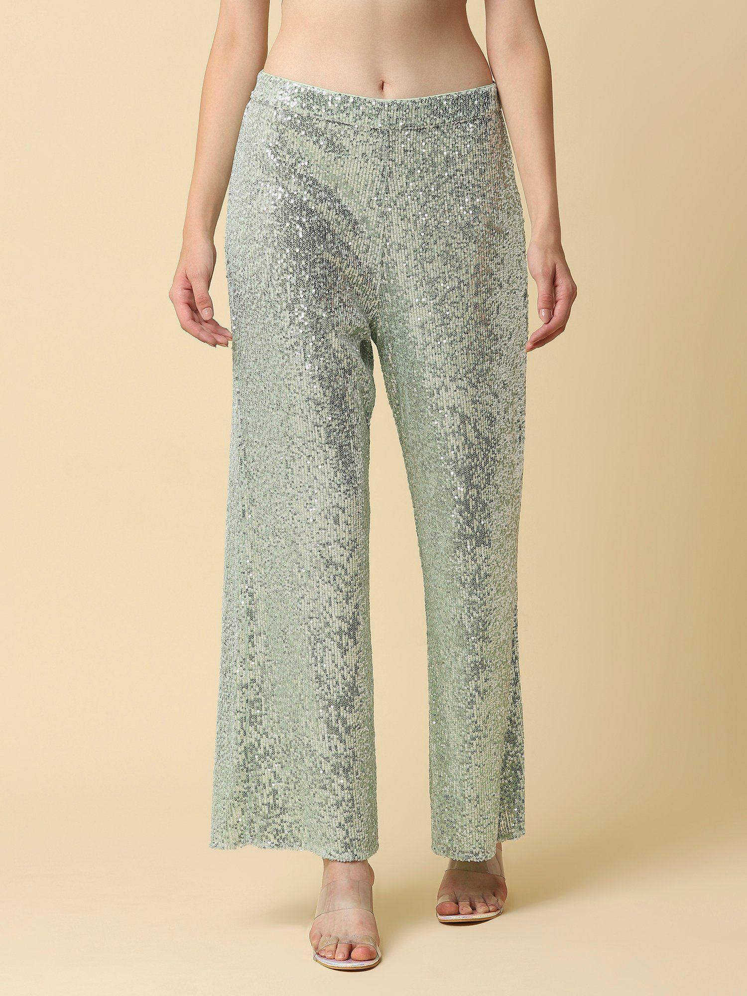 green sequins glittering tulle high rise pants