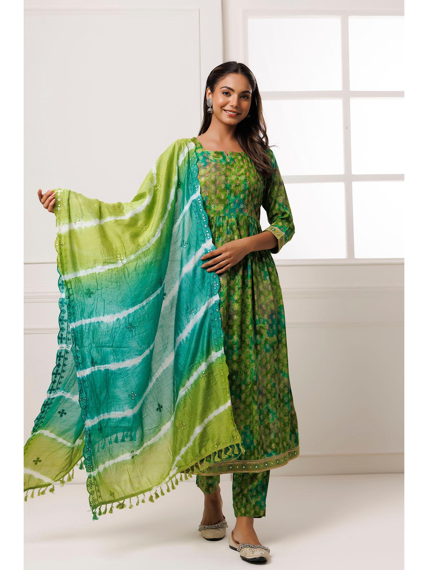 green shaded cotton-rayon embroidered kurta with pant and silk dupatta (set of 3)