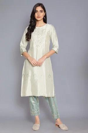 green shantung kurta with embroidery