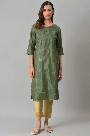 green shantung kurta with mukaish print