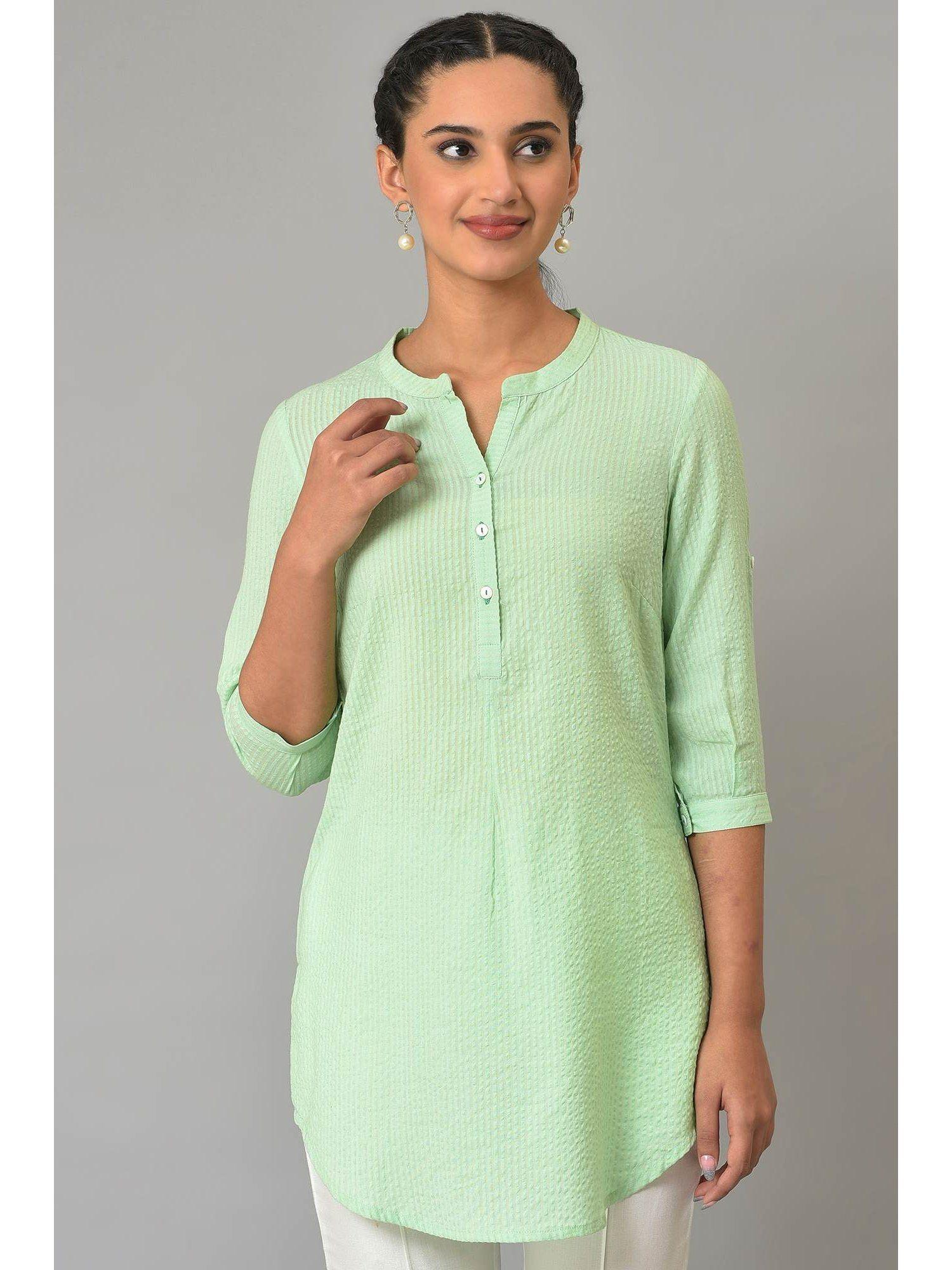 green sheer sucker mandarin collar kurti