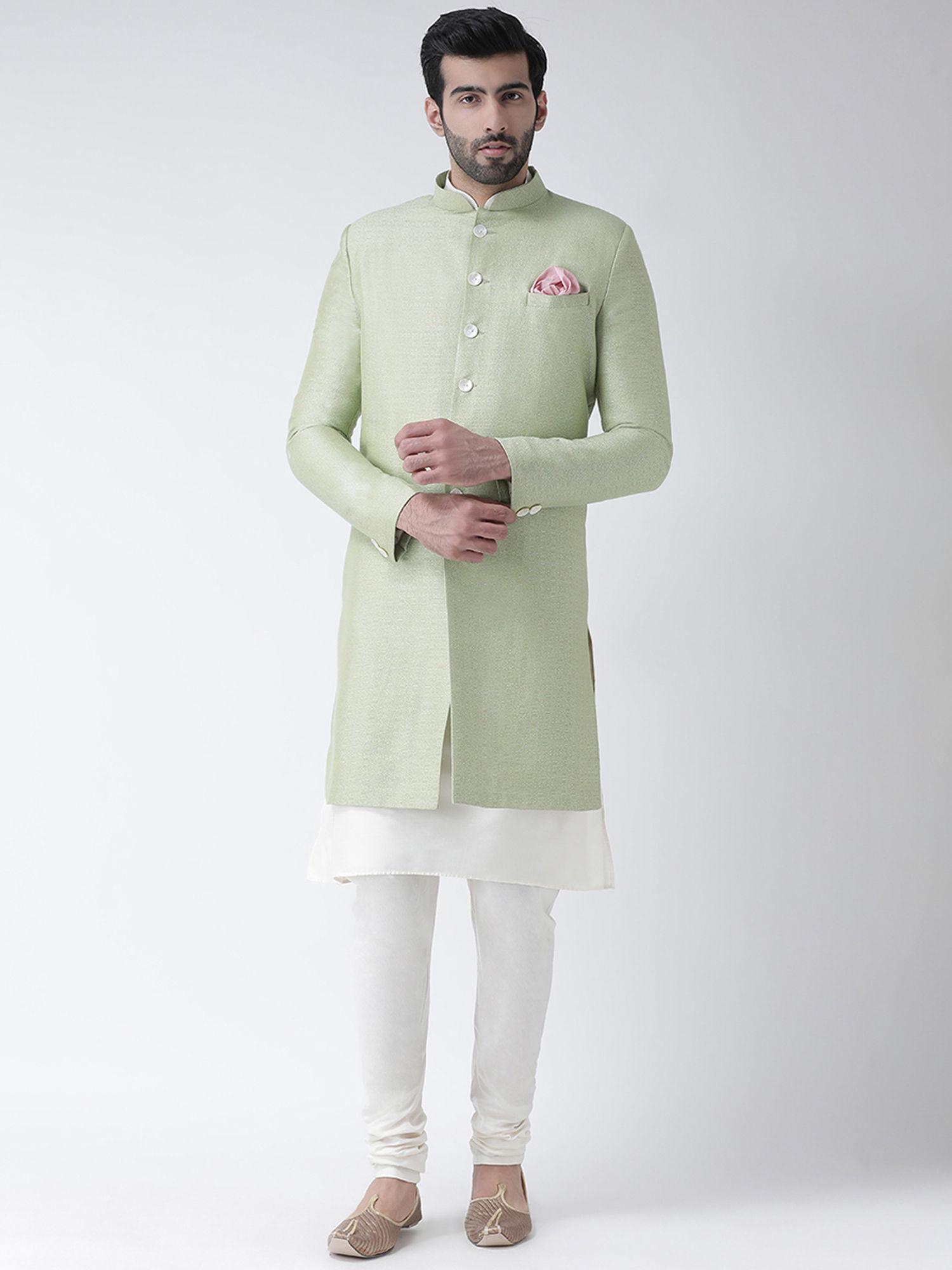 green sherwani and kurta with churidar (set of 3)