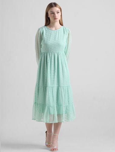 green shimmer tiered midi dress