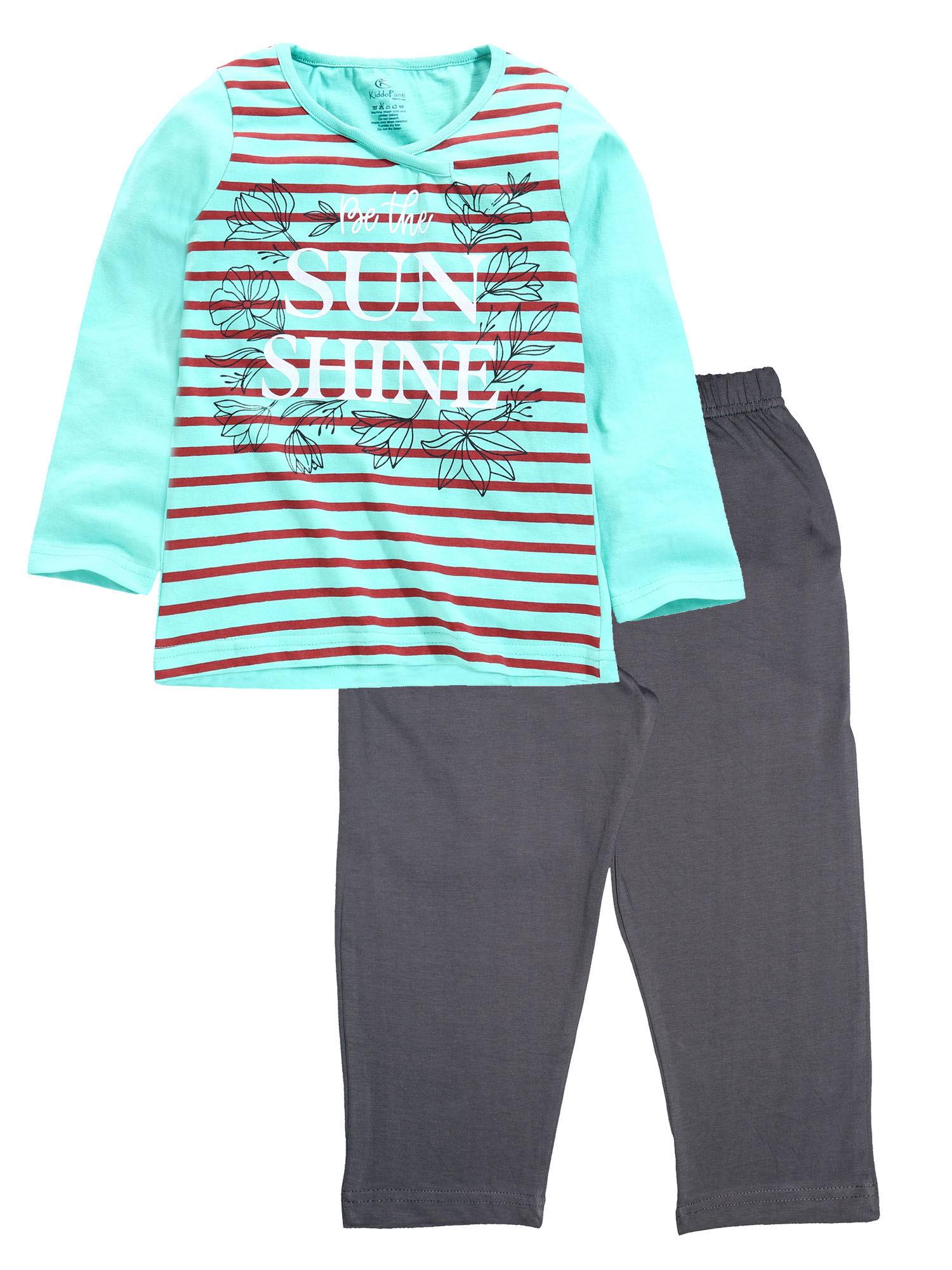 green shine and grey stripe sun shine print tee with pyjama pant (set of 2)