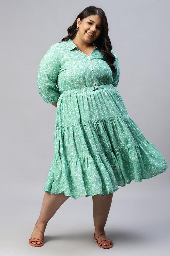 green shirt collar plus size liva dress with floral motifs