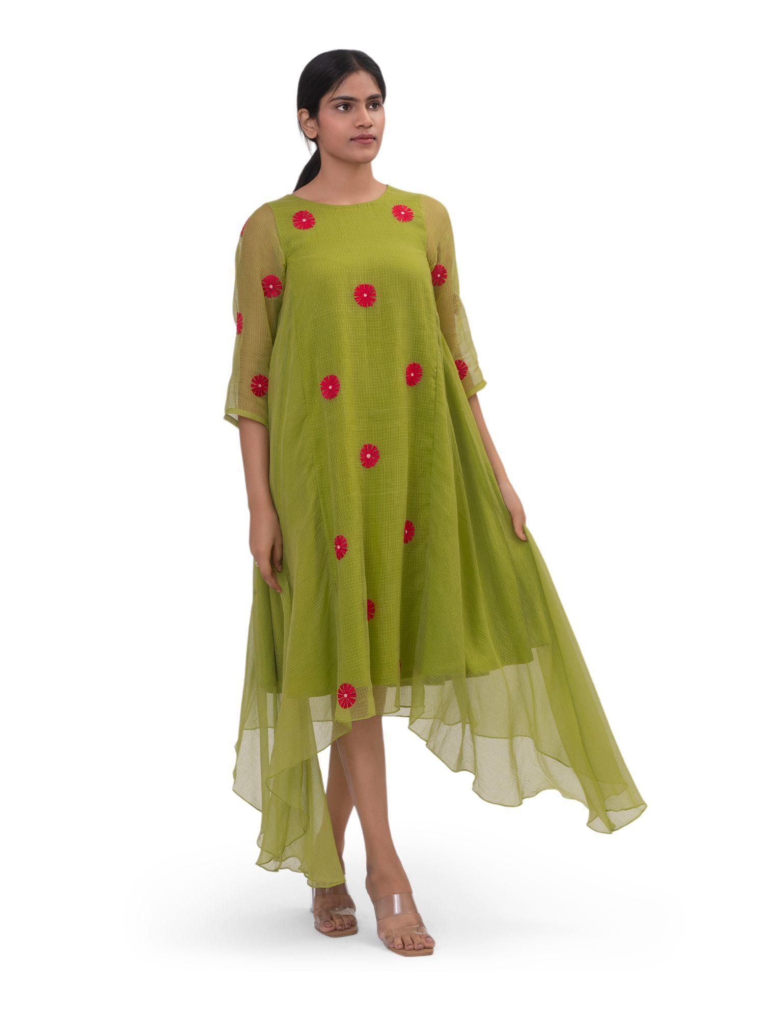 green side gathered wings midi dress