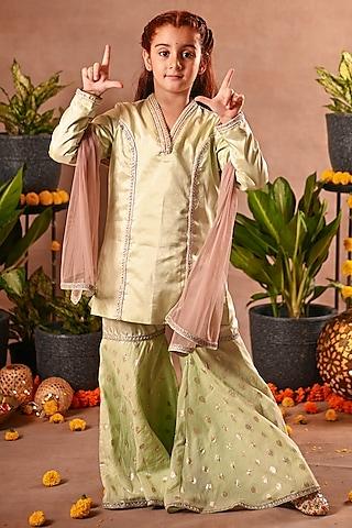 green silk & cotton silk sharara set for girls