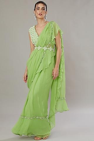 green silk & georgette hand embroidered frilled saree set