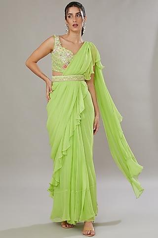 green silk & georgette hand embroidered frilled saree set