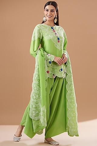 green silk & organza embroidered kurta set