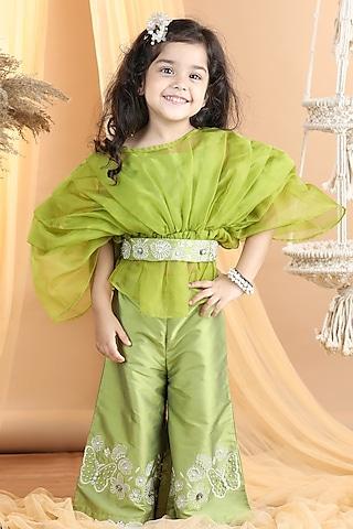 green silk & organza embroidered pant set for girls