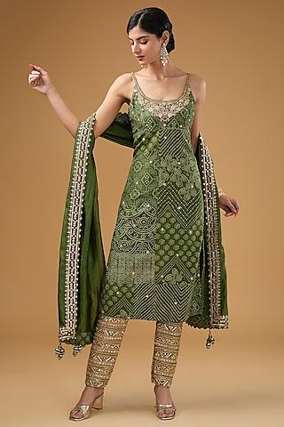 green silk & organza silk bandhani printed kurta set
