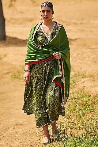 green silk & organza silk marodi embroidered kurta set