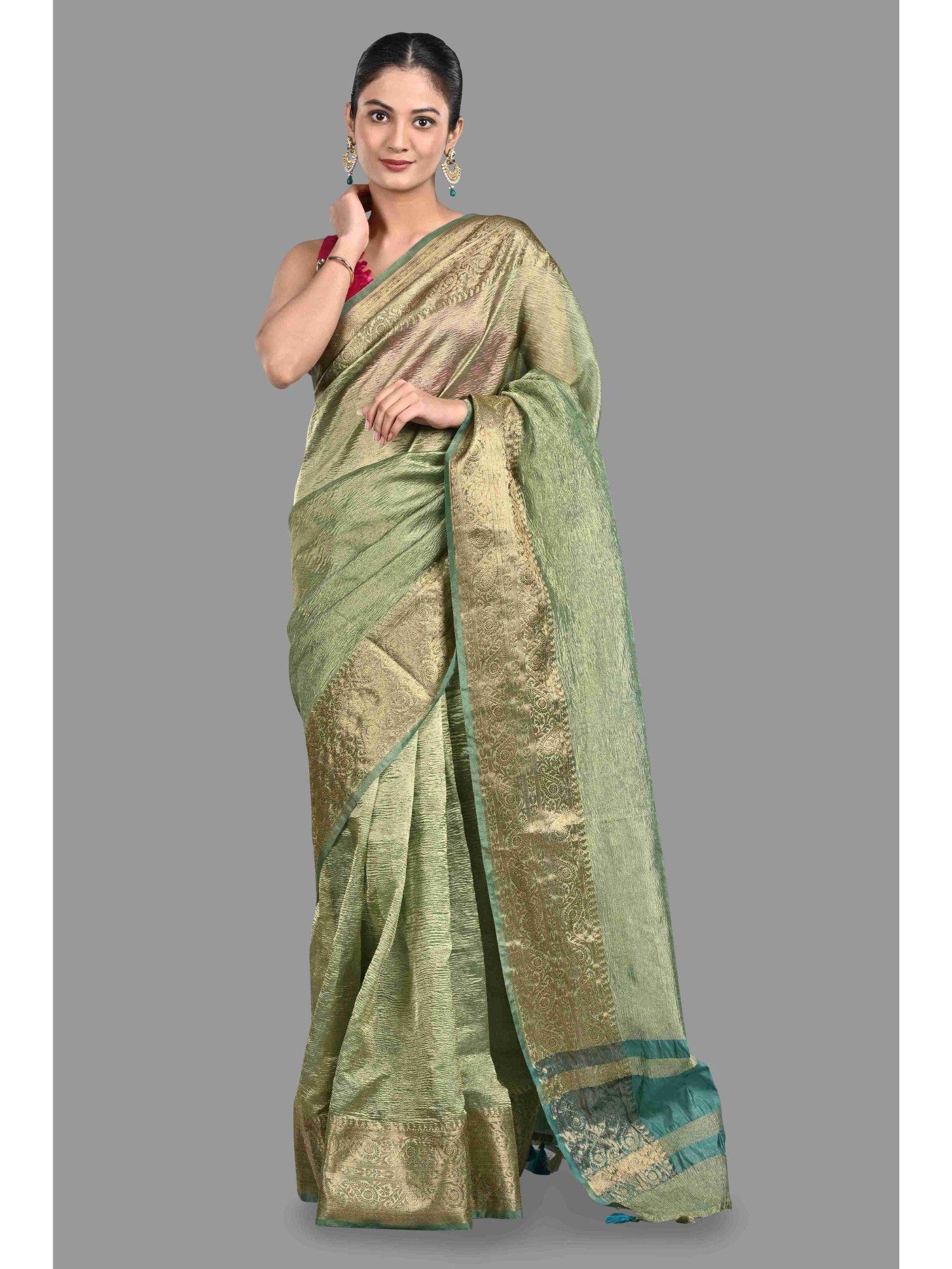 green silk banarasi handloom saree with unstitched blouse