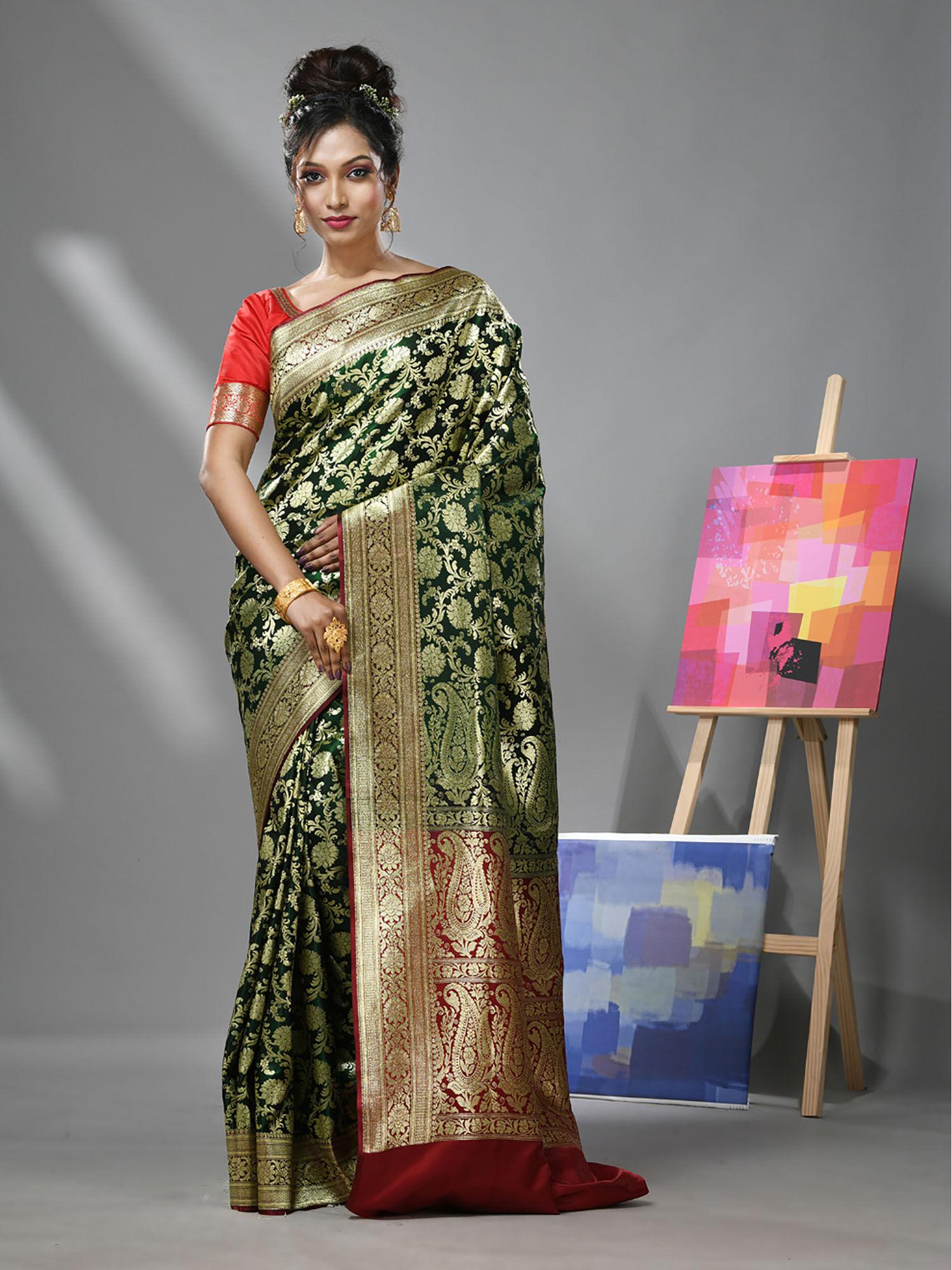 green silk banarasi saree with zari woven designs & unstitched blouse