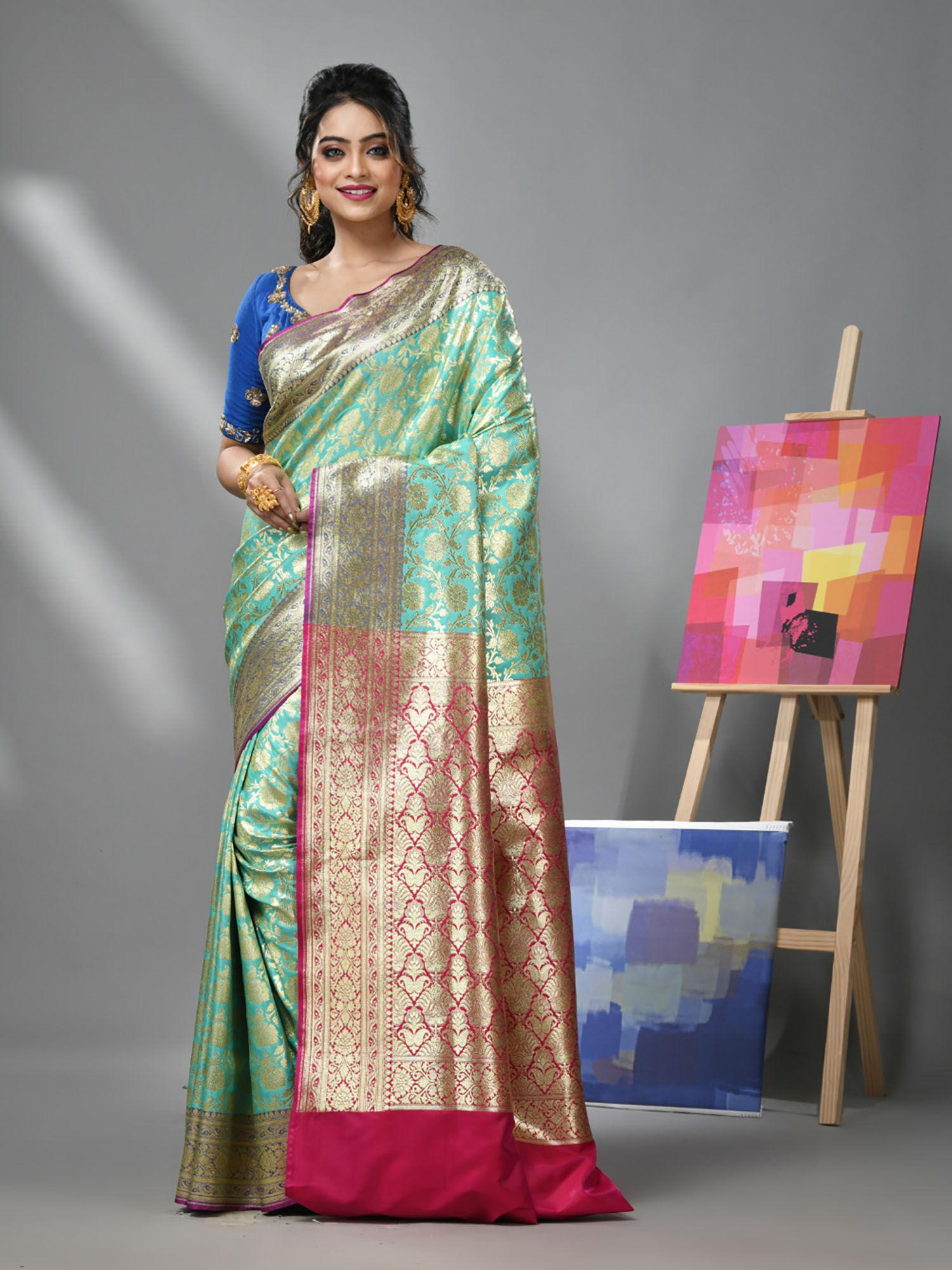 green silk banarasi saree with zari woven designs & unstitched blouse