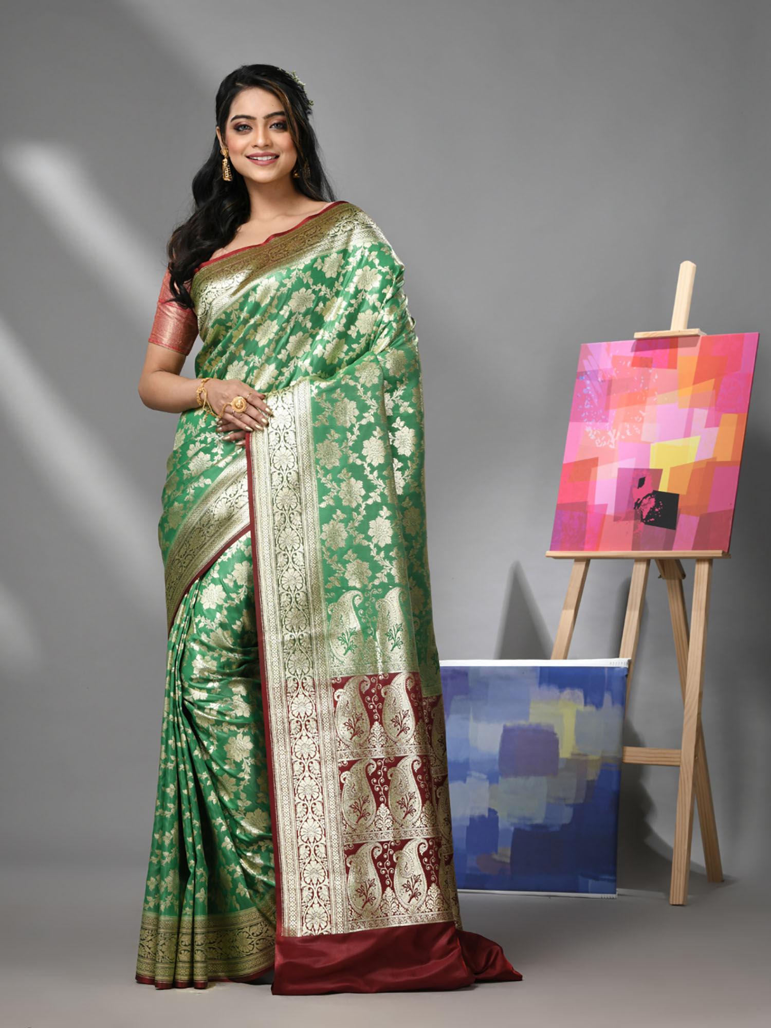 green silk banarasi saree with zari woven designs & unstitched blouse