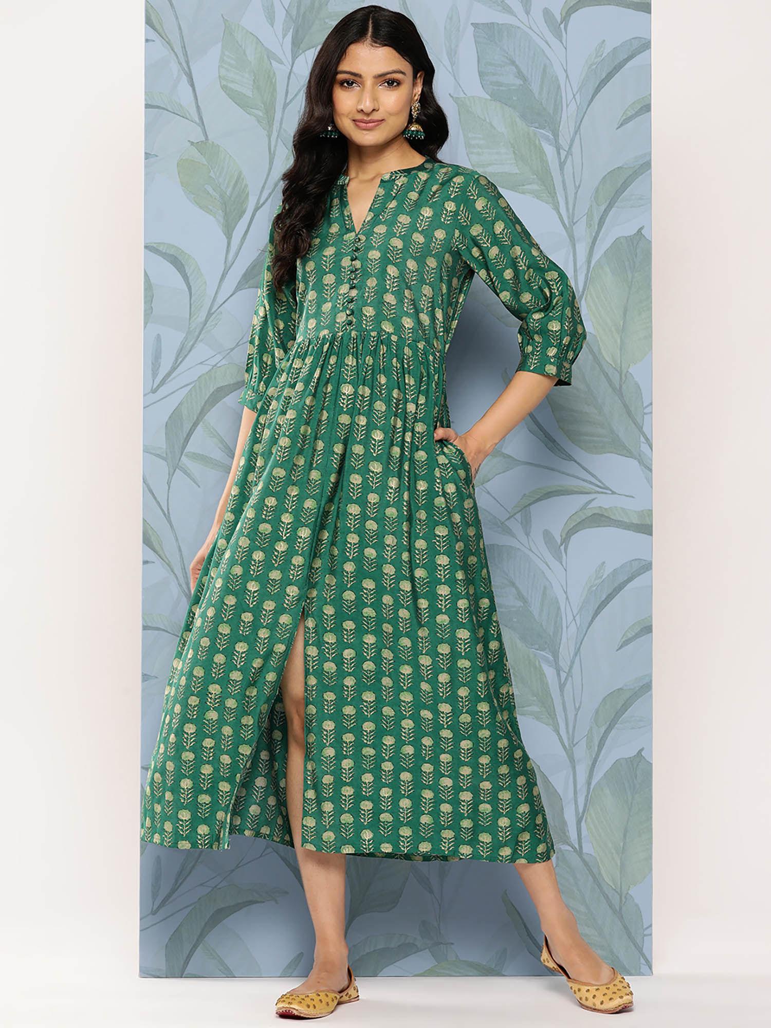 green silk blend all-over floral printed midi dress