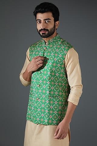 green silk blend digital printed bundi jacket