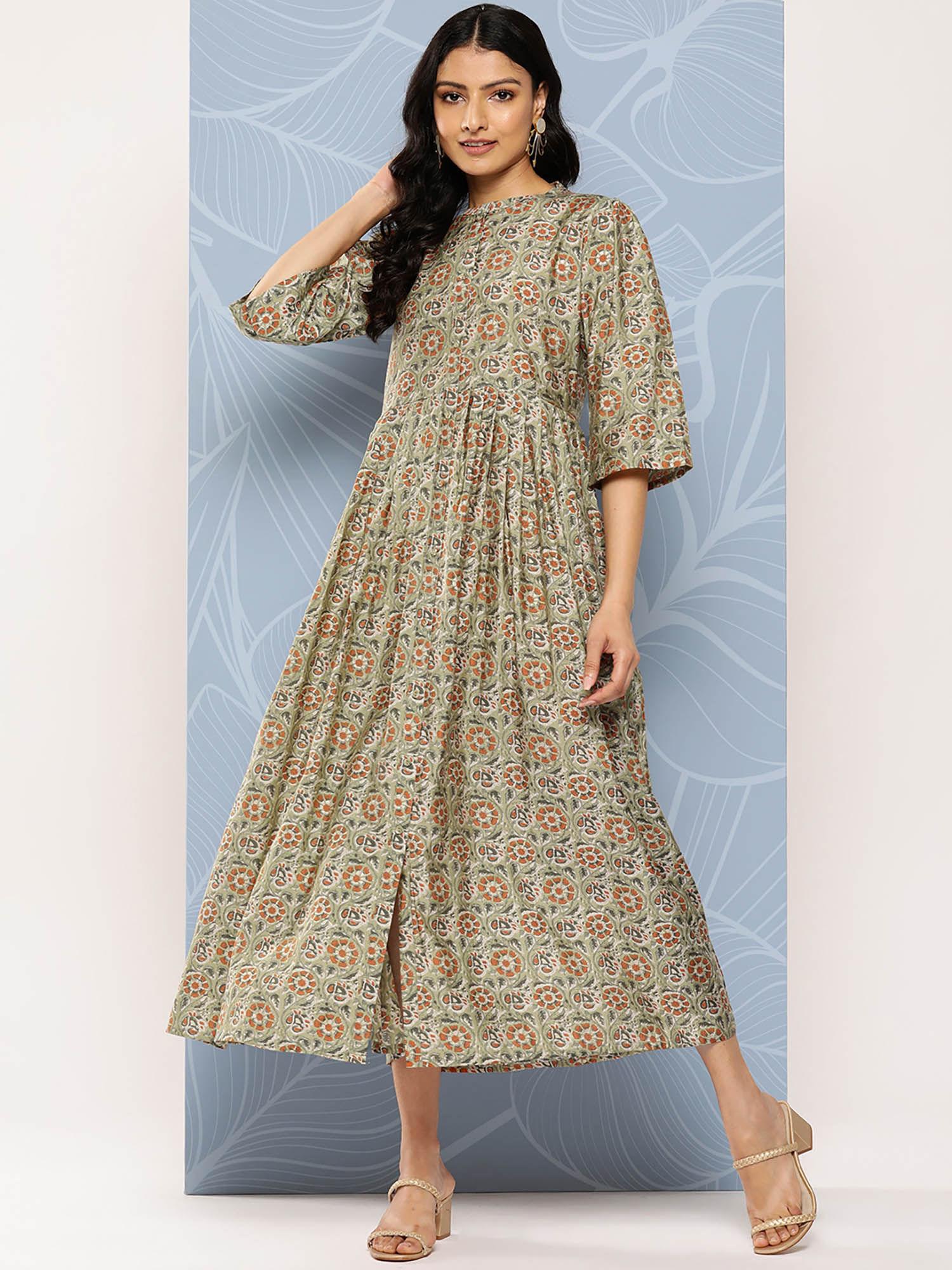 green silk blend floral printed with midi dress