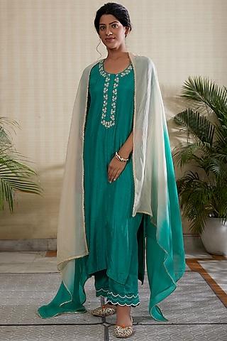 green silk blend hand & machine embroidered kurta set
