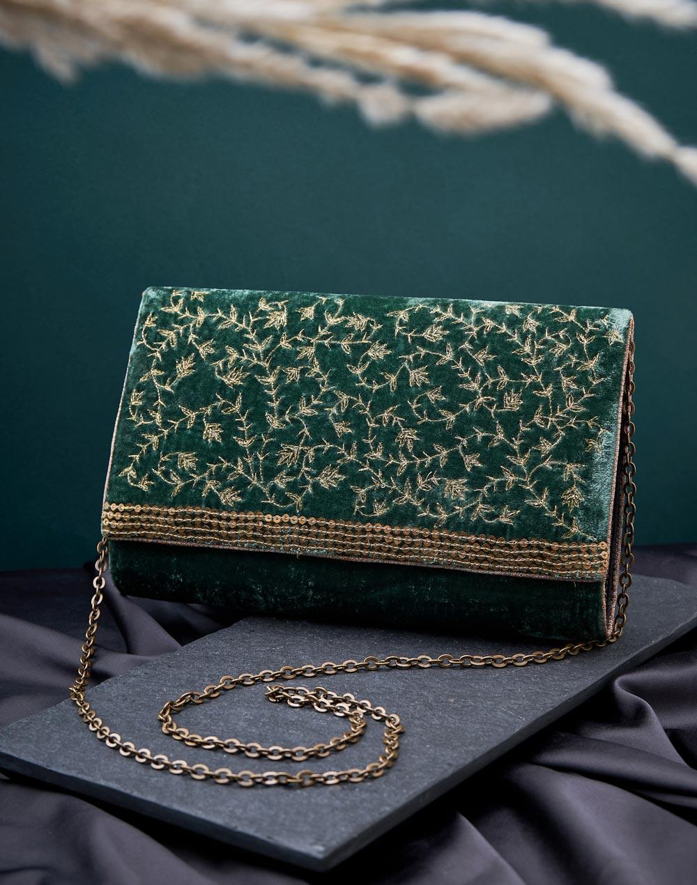green silk blend hand embroidered sling bag
