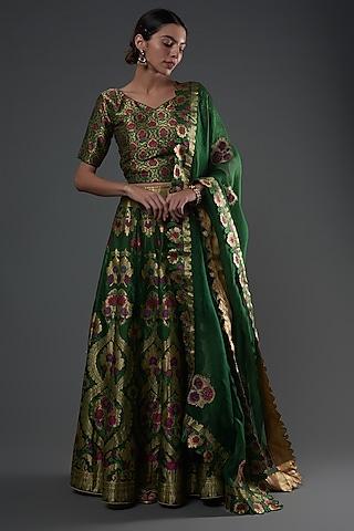 green silk brocade embroidered lehenga set