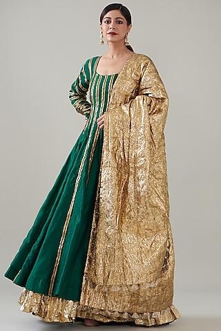 green silk chanderi anarkali set