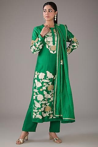green silk chanderi applique embroidered kurta set