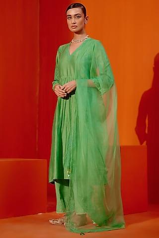 green silk chanderi dori embellished kurta set
