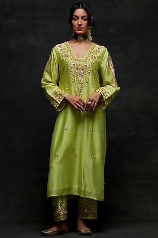 green silk chanderi floral embroidered kurta set
