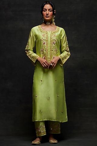 green silk chanderi floral embroidered kurta set