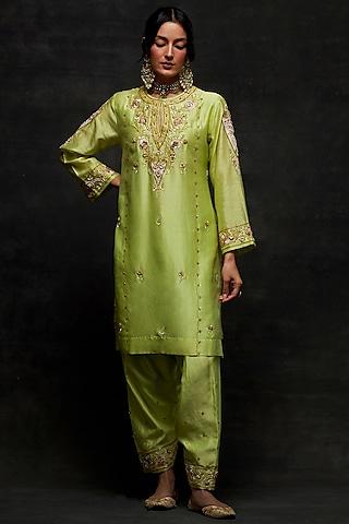 green silk chanderi floral embroidered short kurta set