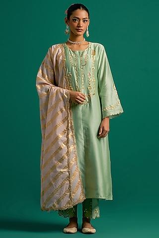 green silk chanderi hand embroidered kurta set