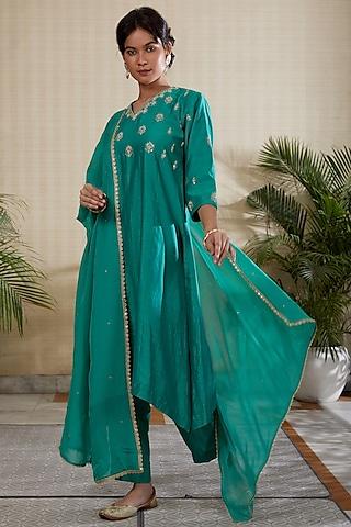 green silk chanderi kurta set