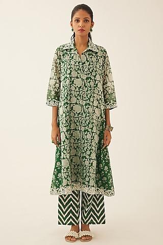 green silk chanderi printed a-line kurta set