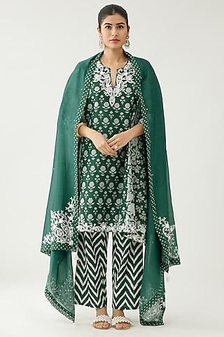 green silk chanderi printed kalidar kurta set
