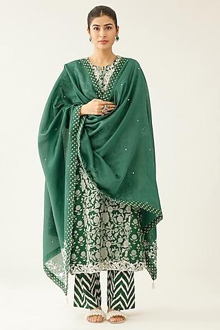 green silk chanderi printed kalidar kurta set