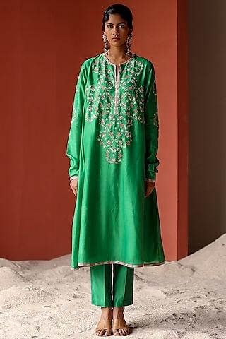 green silk chanderi thread embroidered flared kurta set