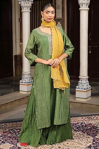 green silk chanderi thread work & hand block printed kurta set