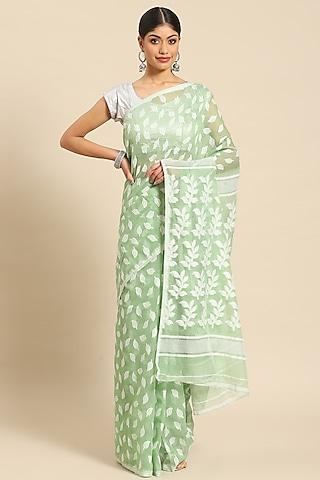 green silk cotton jamdani handloom saree