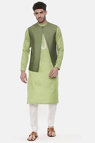 green silk cotton pintucks open nehru jacket