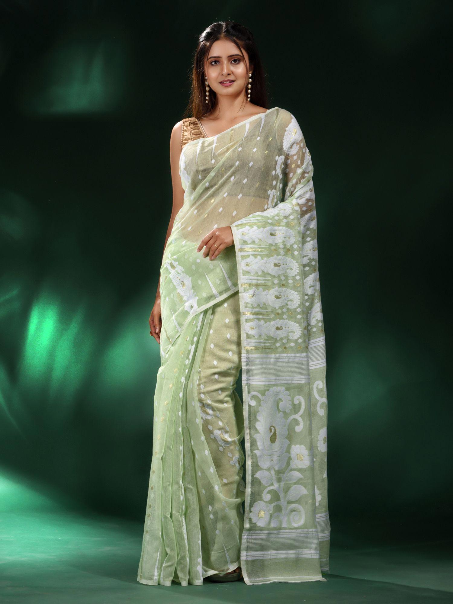 green silk cotton soft handwoven jamdani saree without blouse