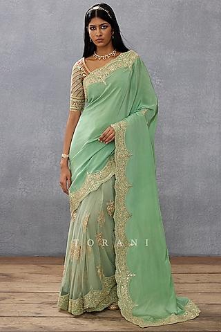 green silk crepe & cotton silk embroidered saree