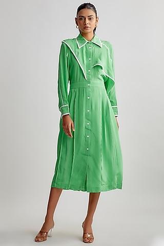 green silk crepe overlap shirt dress