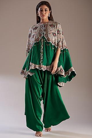 green silk embroidered cape set