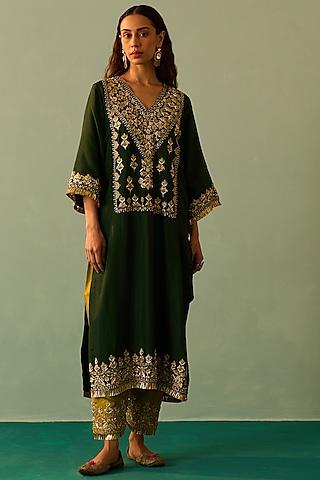 green silk embroidered choga set