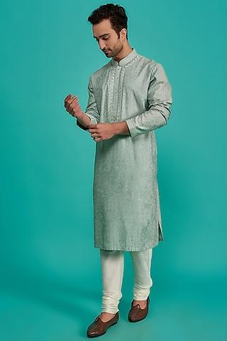 green silk embroidered kurta set