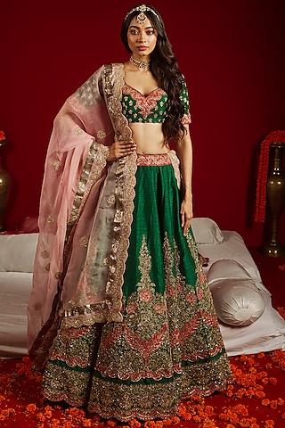 green silk embroidered lehenga set