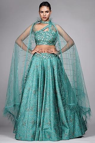 green silk embroidered lehenga set